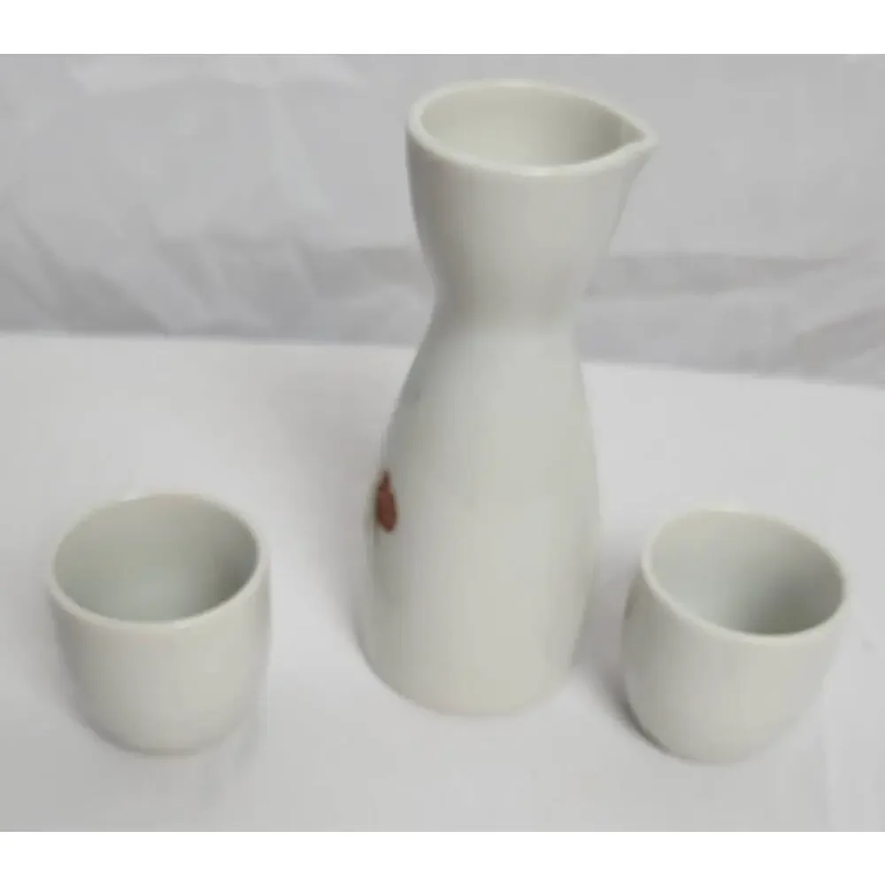 Vintage White China Sake Set, 1 Pour Cup and Two Cups With Red Flowers